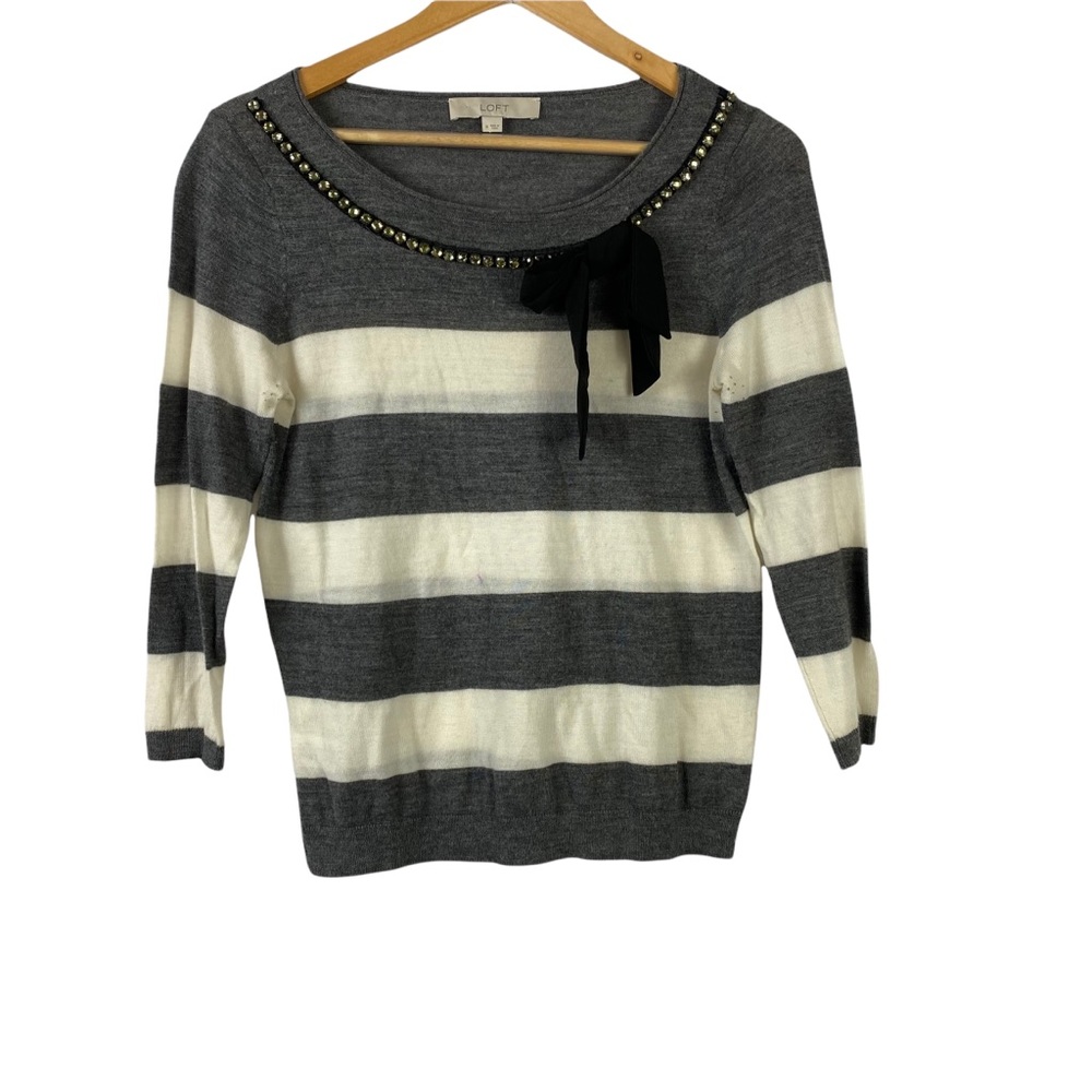 Loft Bow embellished Sweater Cute Sweater Wool rhinestone BowStriped gray Medium